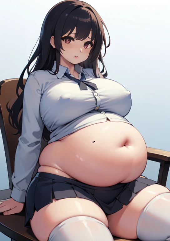 (masterpiece, best quality), 1girls, big belly, blurry background, huge belly, art by kipteitei, round belly, chubby, curvy, white button-up shirt, skirt, thighhighs, simple_background, gradient_background, belly bursting out of shirt, belly grab, enormous belly, fat belly, thicc, bigger belly, sitting on chair, really big belly, jiggly belly, shirt covering belly, belly cover by shirt