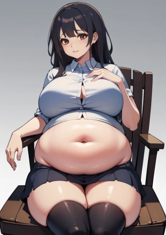 (masterpiece, best quality), 1girls, big belly, blurry background, huge belly, art by kipteitei, round belly, chubby, curvy, white button-up shirt, skirt, thighhighs, simple_background, gradient_background, belly bursting out of shirt, belly grab, enormous belly, fat belly, thicc, bigger belly, sitting on chair, really big belly, jiggly belly, shirt covering belly, belly cover by shirt