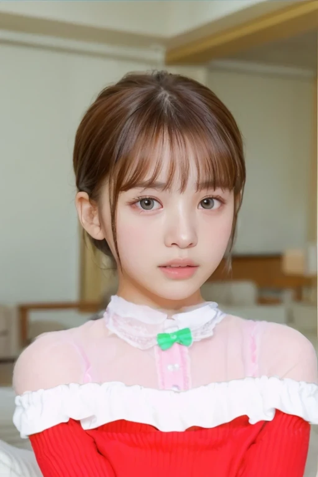 (8K、Raw photo、A hyper-realistic: 1.3)、Cute 14 year old idol face with young features、(bangss、A hyper-realisticな肌の質感: 1.4)、(Looking at the camera、Clear eyes: 1.5)、(santa costume、livingroom:1.4)
