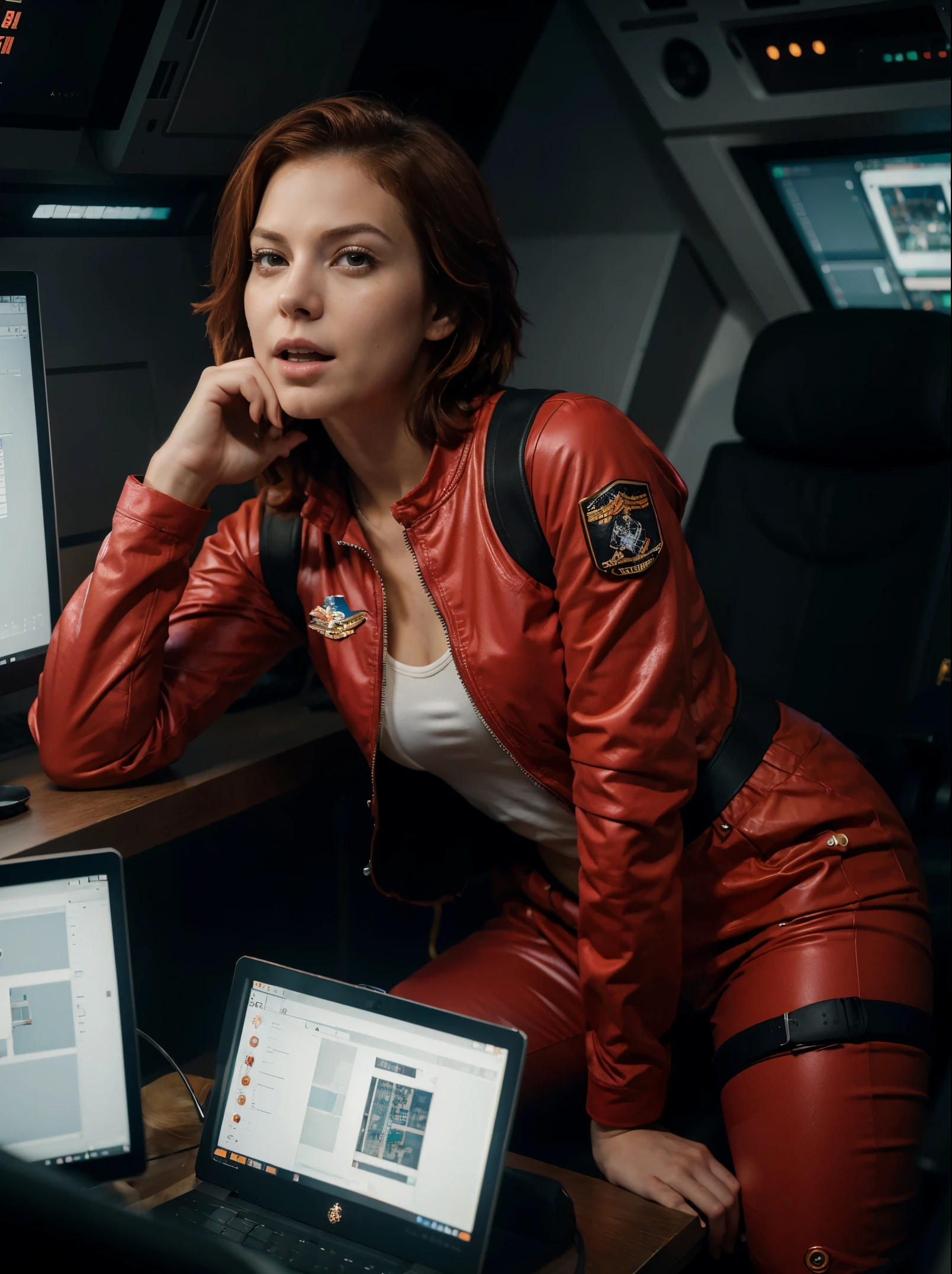 Absurd resolution, high resolution, (masterpiece: 1.4), hyper-detail, ung woman, short red hair, pilot suit, rich princess, sitting in an extremely narrow closed mecha control room, expression scared crying open mouth call (1.3), in the sky