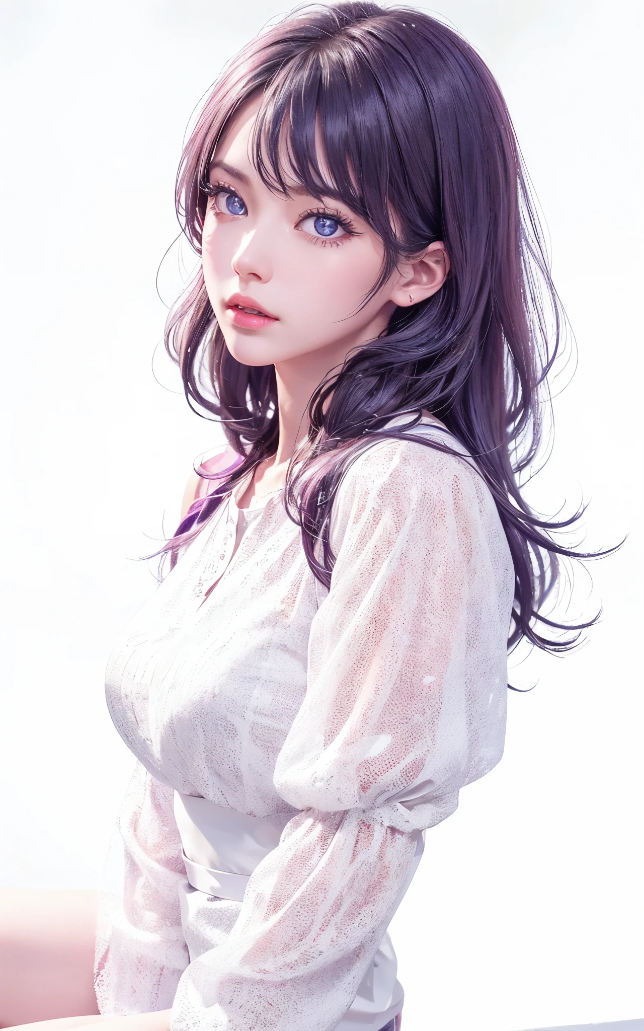 Digital art, official art, beautiful and aesthetic, ultra detailed, beautiful, masterpiece, best quality, 1girl, Perfect ratio body, Good looking eyes,The eyes are bright,Curved eyelashes,Eyelashes are distinct,Pouting lips,The mouth does not open,Lips are full and shiny, sitting, from front, White background, front lightning,