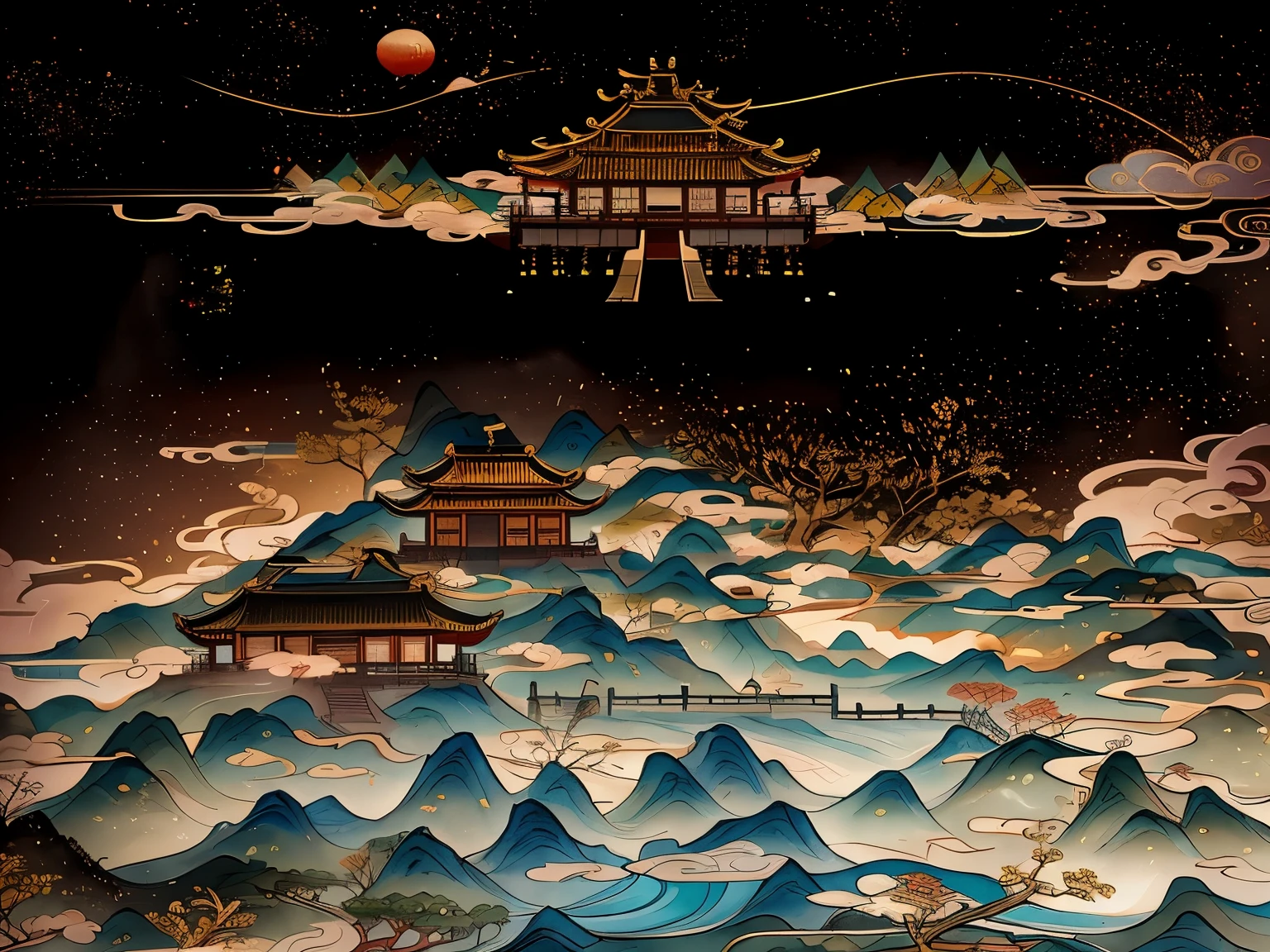 painting of a Chinese landscape with a pagoda and mountains, chinese watercolor style, Chinese-style painting, chinese fantasy, Cyberpunk ancient Chinese castle, chinese painting style, Japanese painting, ancient china art style, oriental wallpaper, A beautiful artistic illustration, Chinese landscape, Chinese hyper reality, background depicting a temple, palace floating in the sky, Chinese dreamland, Dream China Town