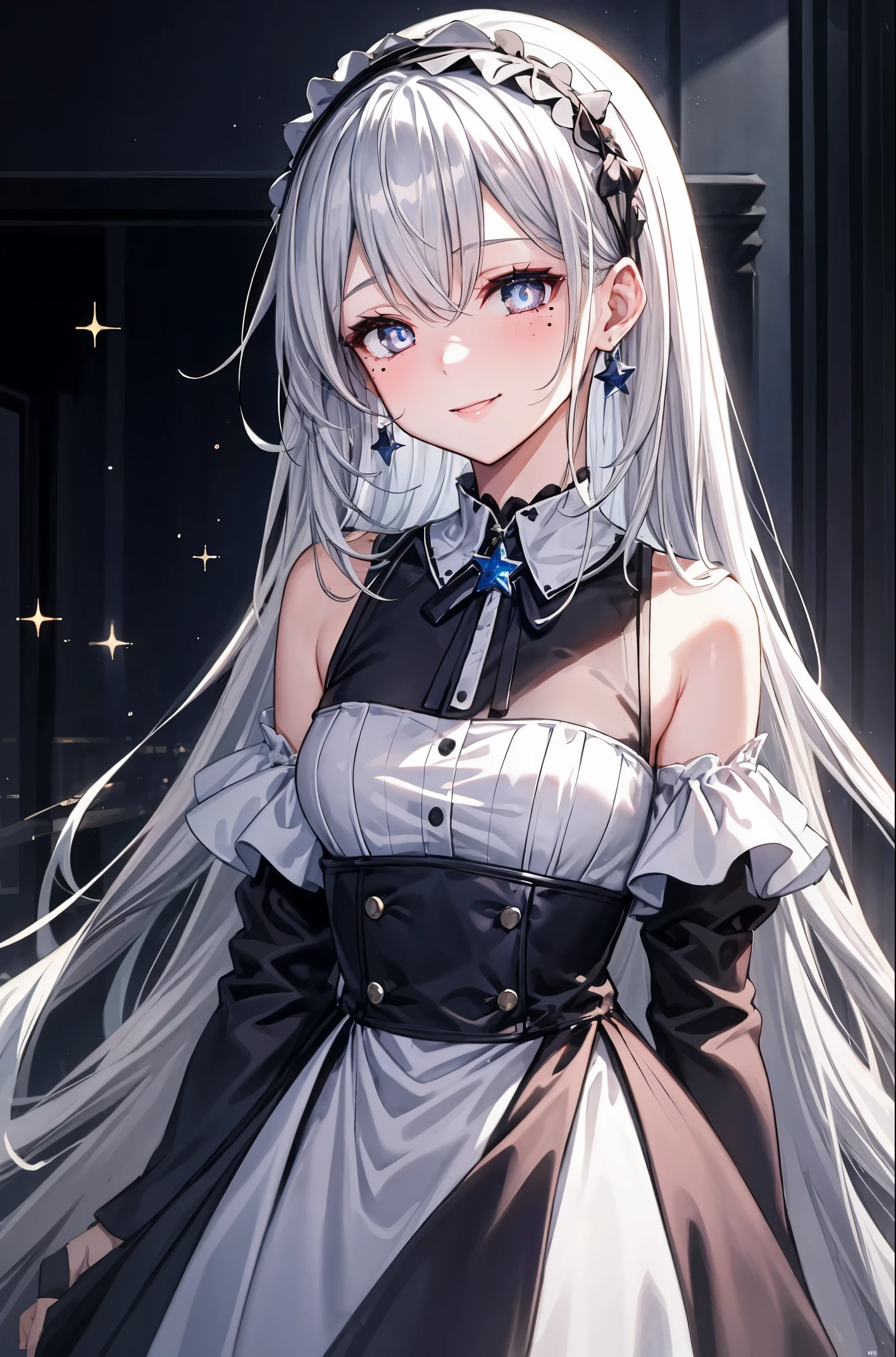 1girl, gentle smile, Long silver-white hair with a hint of blue, Starry eyes, hair strand, goggles, lolita hairband, mole under eye, star-shaped pupils, amber eyes, blush, high detail, anime, Romanticism, modern, Gothic art, anime style, cinematic lighting, high details, best quality