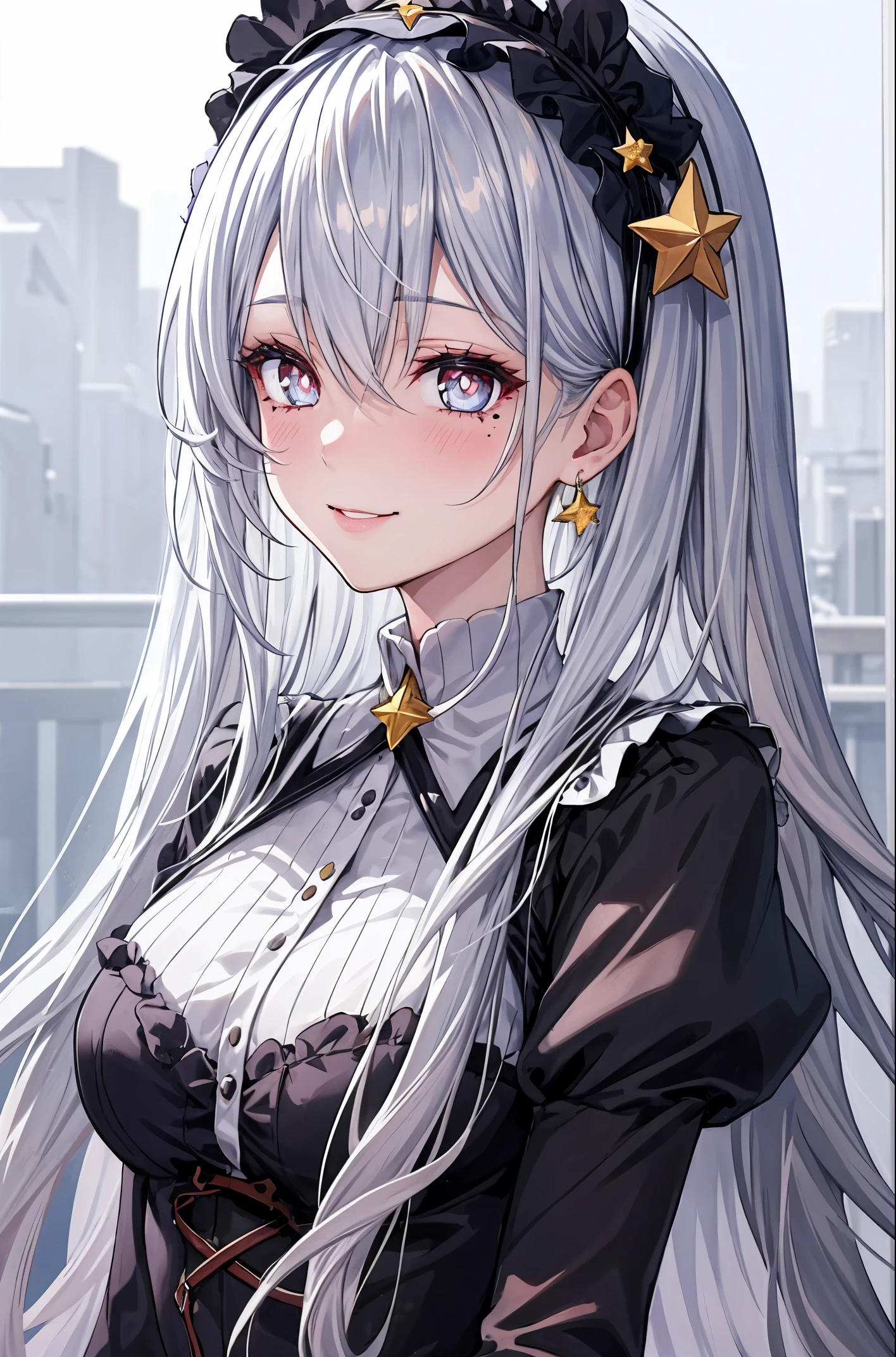 1girl, gentle smile, Long silver-white hair with a hint of blue, Starry eyes, hair strand, goggles, lolita hairband, mole under eye, star-shaped pupils, amber eyes, blush, high detail, anime, Romanticism, modern, Gothic art, anime style, cinematic lighting, high details, best quality