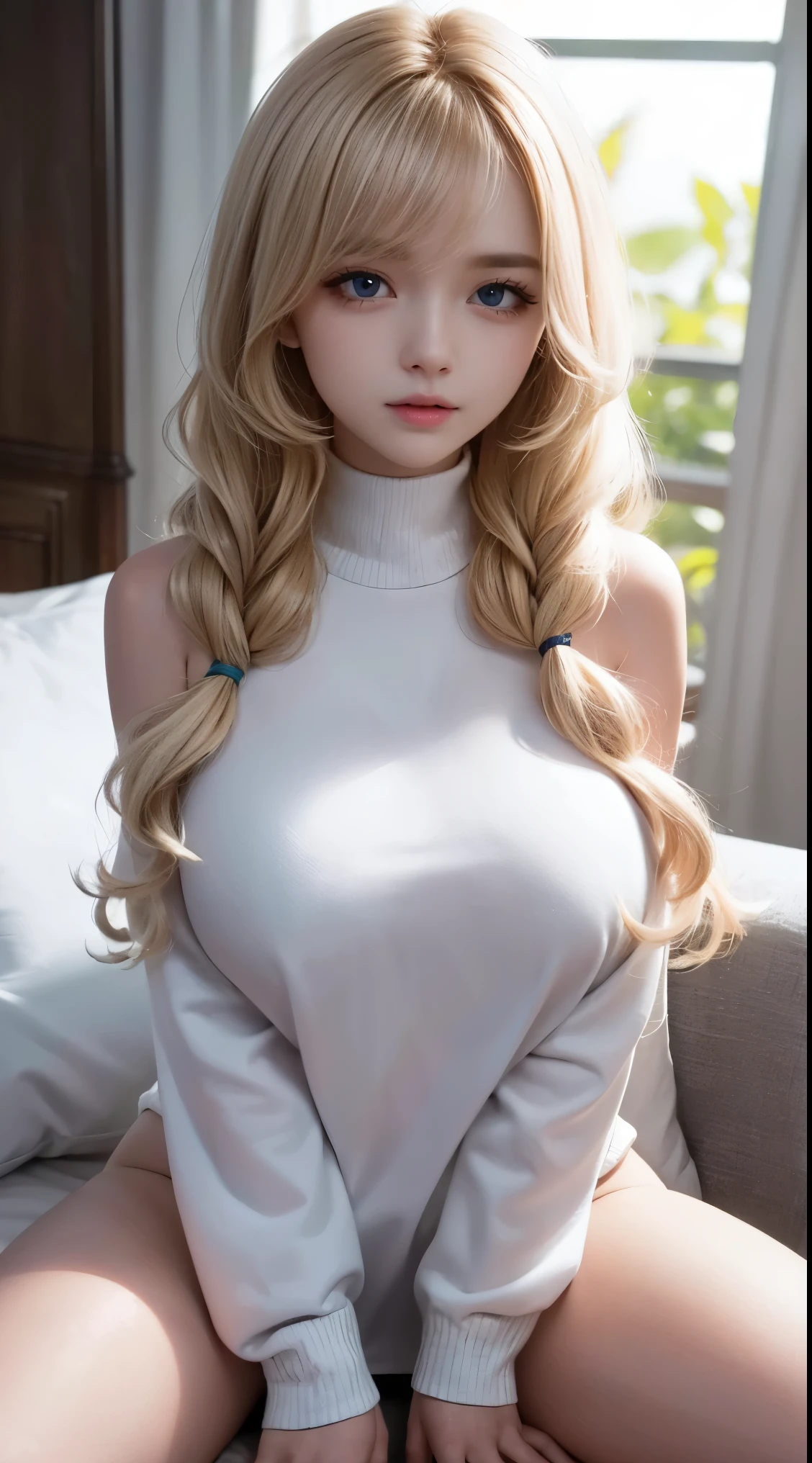 curly hair, (Child face, virgin face,  Masterpiece, High resolution, 8k, 1 girl, ultra Detailed, Fine skin, white skin, Brighten the subject, cinematic lights, beautiful face, Detailed eyes, lip gloss), (((Detailed anatomy))), blonde hair, curly hair, long hair, Wavy hair, Messy hair, Blue eyes, (slender body), (((Natural big tits))), photography, (focus upper body), Sweet smile, looking at viewer, Wearing a white knit long sleeve, Wearing a white knit long sleeve, Bare neck, Bare shoulder and neck, blonde hair, curly hair, long hair, Wavy hair, Messy hair, seduction, sitting on bed, Spread up her legs wide, Spread up her legs wide, Spread up her legs wide, Bare pussy, Bare pussy,