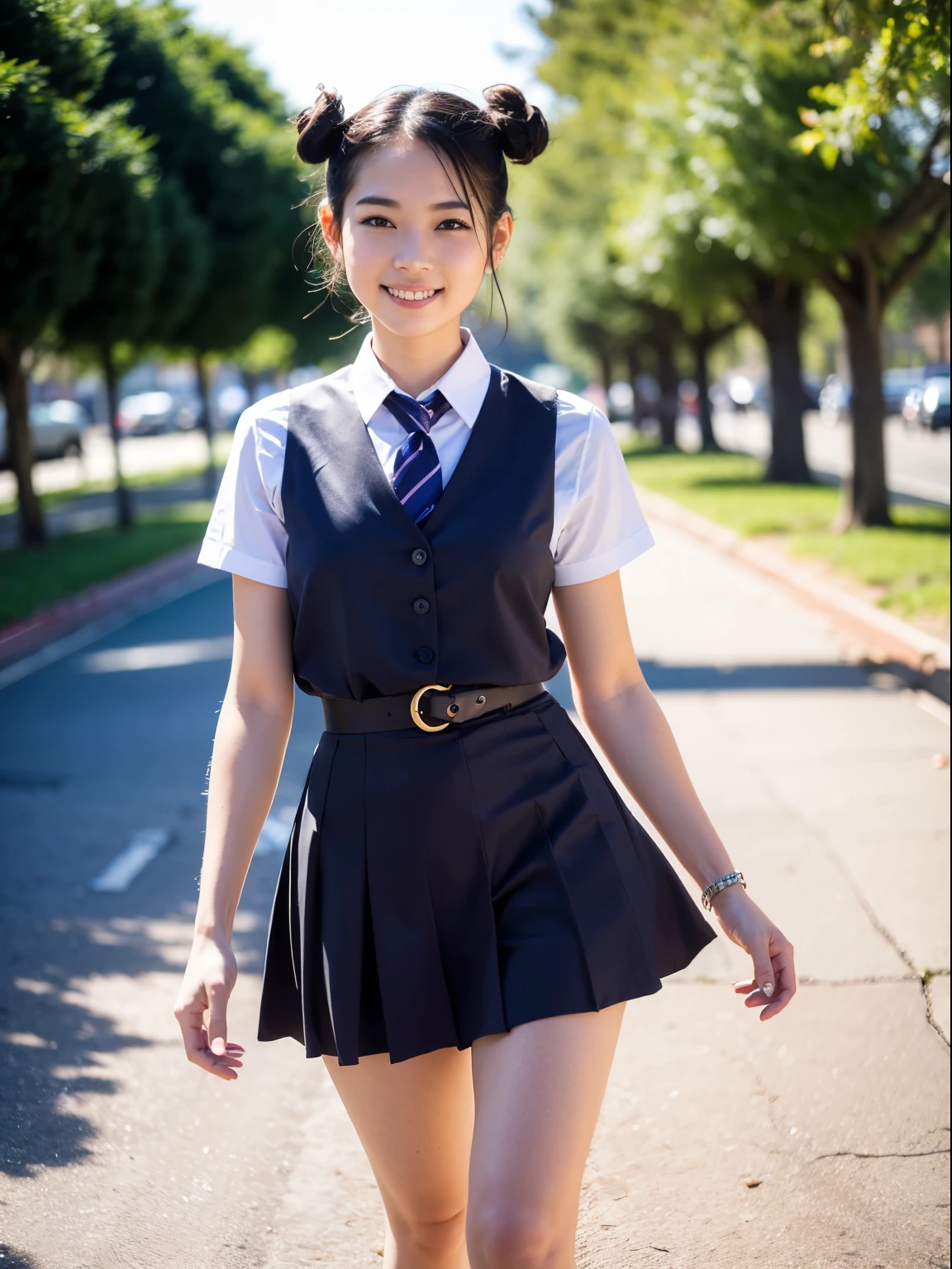 8k, best quality, masterpiece, realistic, ultra detail, photography, HDR, ROW photo, highres, absurdres, cinematic light, official art, High-definition, depth of field,
full body, beautiful legs, slender, cute face, smile, beautiful details eyes, 19years old korean, pretty, Double buns with lavender color,
school uniform, street, morning, running,