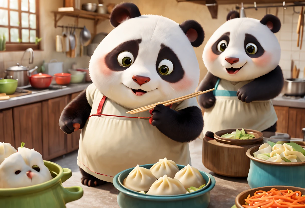 (a little panda bear making dumplings),(detailed and delicious looking fillings),(steamed dumplings),(traditional Chinese cuisine),(cartoon pixar style),(vibrant colors),(soft lighting), (best quality:1.2), (ultra-detailed), (photorealistic:1.37), (playful composition),(cute and chubby panda bear),(precise hand movements),(kitchen countertop), (bamboo steamer), (exquisite food presentation), (playful background), (mouthwatering aroma), (fun and joyful atmosphere),(mouthwatering texture),(happiness and excitement),(authentic cultural portrayal)