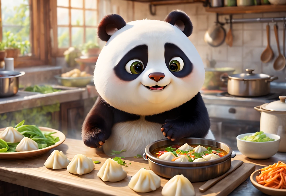 (a little panda bear making dumplings),(detailed and delicious looking fillings),(steamed dumplings),(traditional Chinese cuisine),(cartoon pixar style),(vibrant colors),(soft lighting), (best quality:1.2), (ultra-detailed), (photorealistic:1.37), (playful composition),(cute and chubby panda bear),(precise hand movements),(kitchen countertop), (bamboo steamer), (exquisite food presentation), (playful background), (mouthwatering aroma), (fun and joyful atmosphere),(mouthwatering texture),(happiness and excitement),(authentic cultural portrayal)