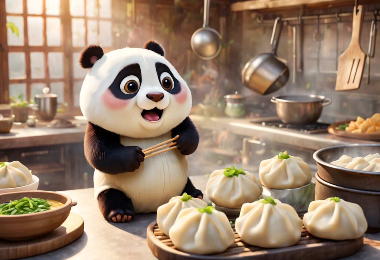 (a little panda bear making dumplings),(detailed and delicious looking fillings),(steamed dumplings),(traditional Chinese cuisine),(cartoon pixar style),(vibrant colors),(soft lighting), (best quality:1.2), (ultra-detailed), (photorealistic:1.37), (playful composition),(cute and chubby panda bear),(precise hand movements),(kitchen countertop), (bamboo steamer), (exquisite food presentation), (playful background), (mouthwatering aroma), (fun and joyful atmosphere),(mouthwatering texture),(happiness and excitement),(authentic cultural portrayal)