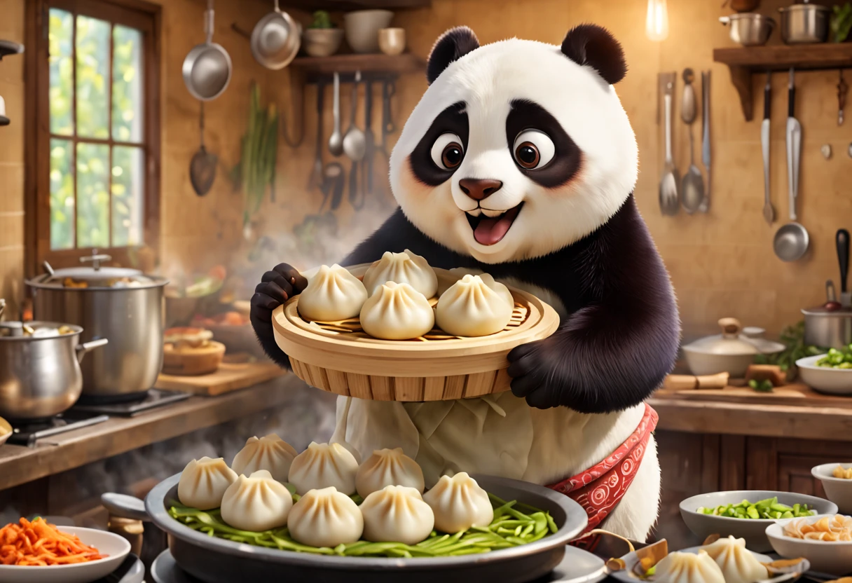(a little panda bear making dumplings),(detailed and delicious looking fillings),(steamed dumplings),(traditional Chinese cuisine),(cartoon pixar style),(vibrant colors),(soft lighting), (best quality:1.2), (ultra-detailed), (photorealistic:1.37), (playful composition),(cute and chubby panda bear),(precise hand movements),(kitchen countertop), (bamboo steamer), (exquisite food presentation), (playful background), (mouthwatering aroma), (fun and joyful atmosphere),(mouthwatering texture),(happiness and excitement),(authentic cultural portrayal)