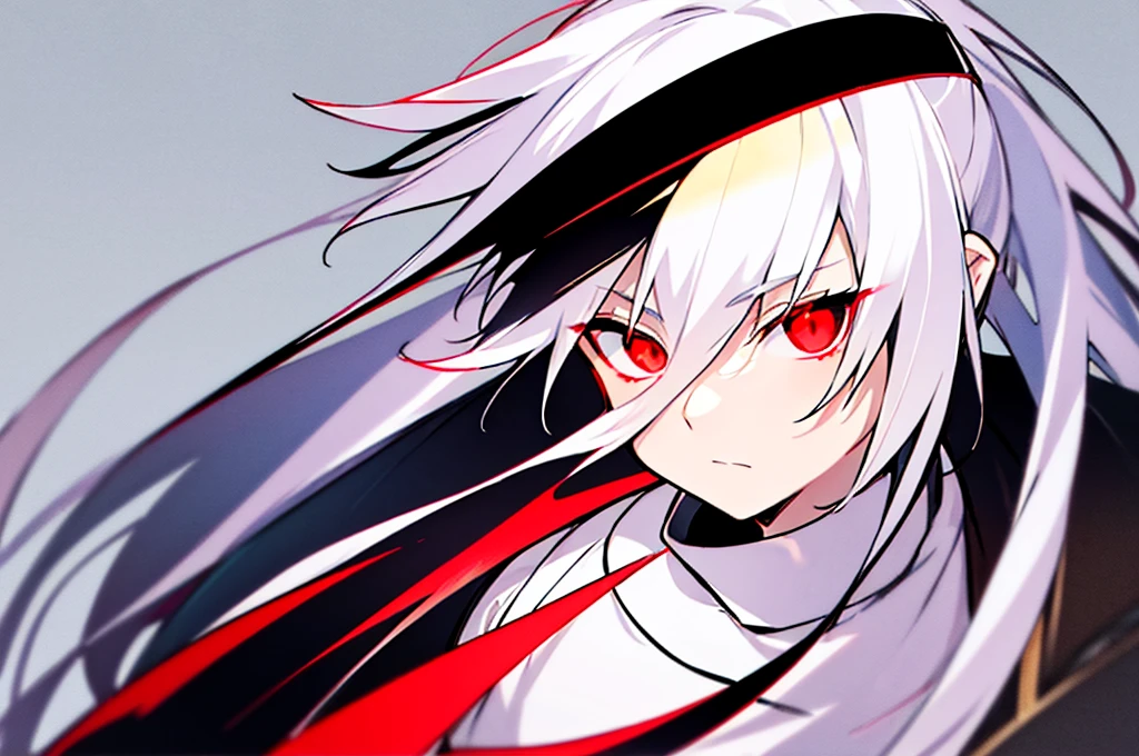 ((One Person)),Anime boy with white hair and red eyes staring at camera, Glowing red eyes,slim, dressed in a black outfit,monochromes,hair messy,deadpan、Diagonal angle,