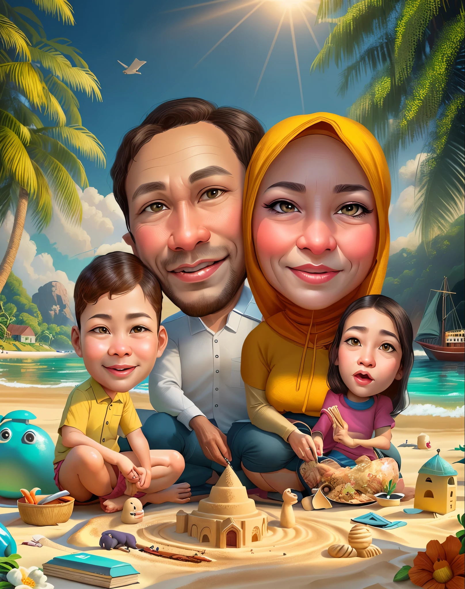 arafed family on the beach with sand castle and toys, caricature illustration, an indonesian family portrait, Mother wears the hijab, everyone laughs happily, cheerfully, cinematic lighting, digital art cartoon, cartoon portrait, cartoon digital painting, in cartoon style, cartoon digital art, cartoon artstyle, digital cartoon painting art, happy family, cartoon art, family portrait, potrait, realistic cartoon, caricature style, cartoon art style, cartoon style illustration