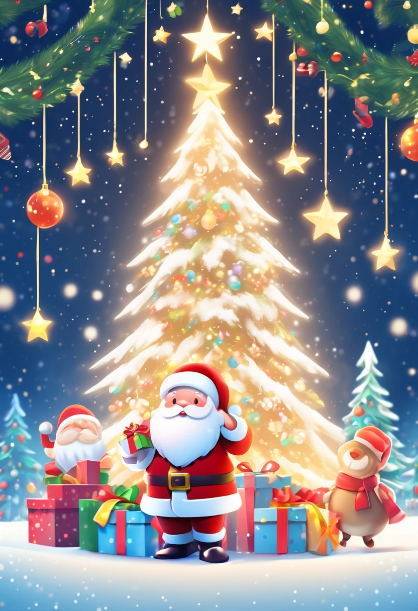 3 Rendering, christmas eve scene, There is a big Christmas tree in the middle of the poster, Decorate with colorful lights, star curtain in sky, and gift box on the snow. Cute and kind Santa Claus holding gifts, warm background and bright night