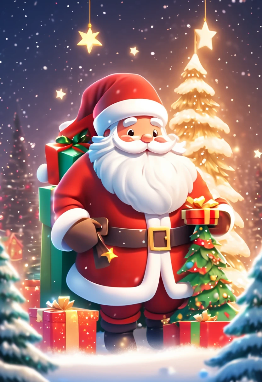 3 Rendering, christmas eve scene, There is a big Christmas tree in the middle of the poster, Decorate with colorful lights, star curtain in sky, and gift box on the snow. Cute and kind Santa Claus holding gifts, warm background and bright night