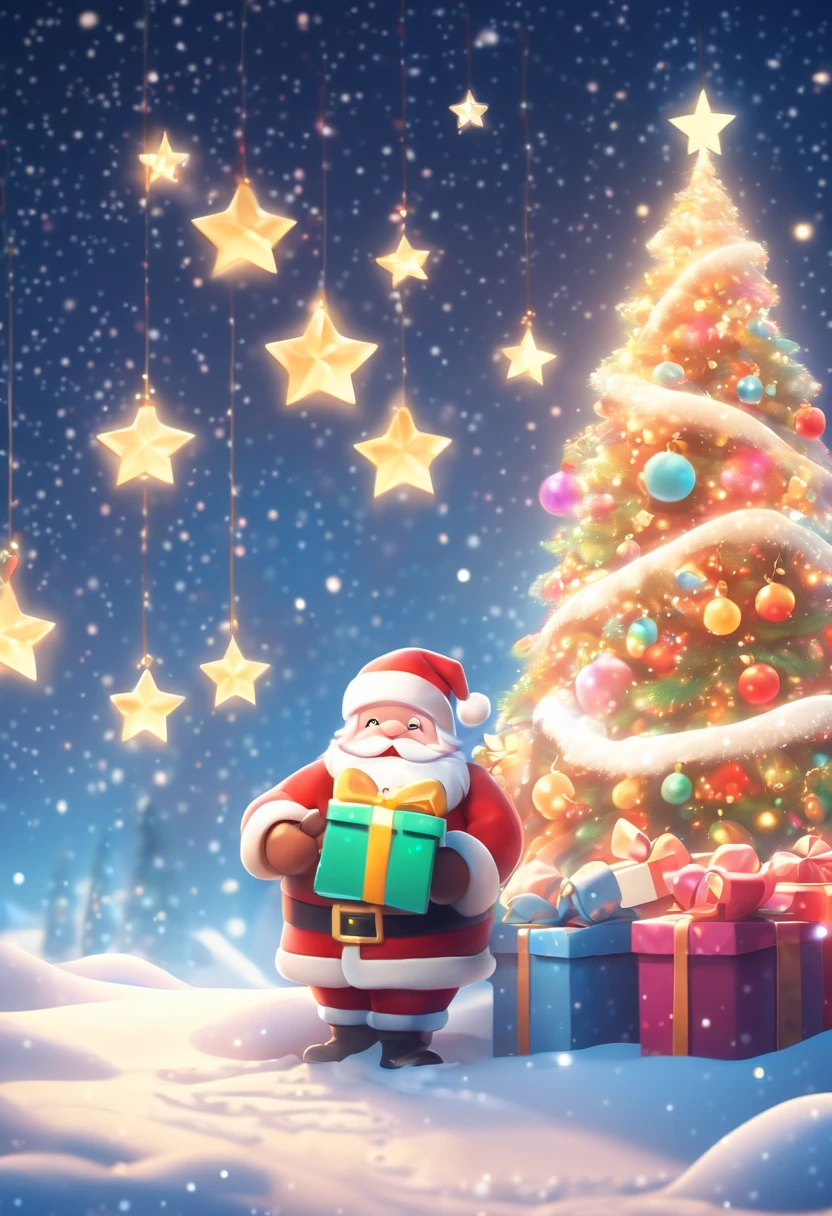 3 Rendering, christmas eve scene, There is a big Christmas tree in the middle of the poster, Decorate with colorful lights, star curtain in sky, and gift box on the snow. Cute and kind Santa Claus holding gifts, warm background and bright night
