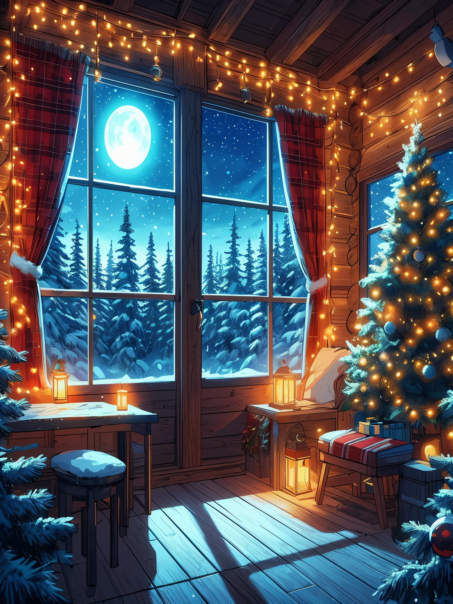 Draw anime lofi scene of aesthetically decorated Christmas wooden cabin, fairylights, snow covered pine forest canopy visible from window, night, starry sky, half moon, peaceful, natural color tones, cloudy sky, beautiful color palette, vibrant saturated colors, masterpiece, no human