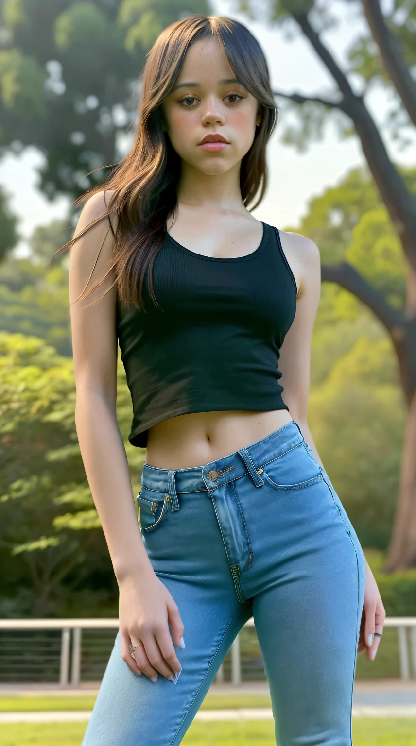 Masterpiece, stunning realistic, photorealistic, best quality, 16k,jenna ortega,sexy body,tanktop,skinny jeans,standing in a park