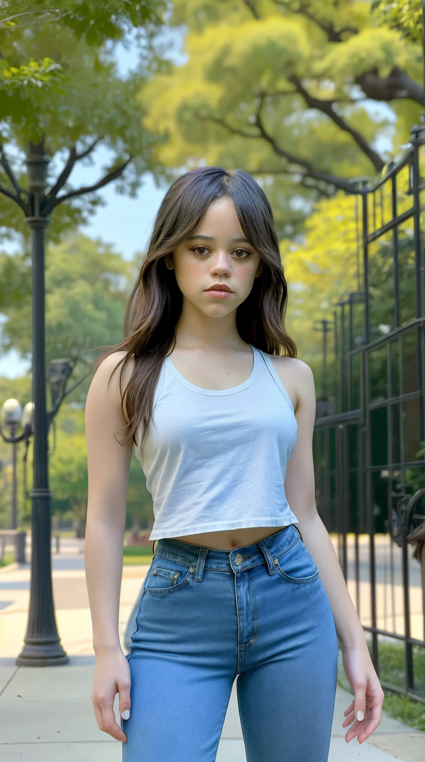 Masterpiece, stunning realistic, photorealistic, best quality, 16k,jenna ortega,sexy body,tanktop,skinny jeans,standing in a park