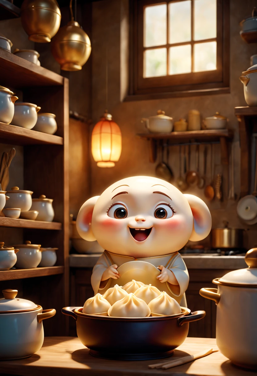 (Best quality, 3D, ultra fine, physics based rendering) In the kitchen, A cute anthropomorphic dumpling is depicted in Pixar style, rich and colorful, vivid expressions, mischievous and friendly personality, delicate and realistic textures, dynamic and charming postures, and various traditional Chinese cookware displayed on the shelves. Soft golden lights pour from the window, Image quality is crucial to ensure that the final product has the highest resolution and realism. forming a unique and charming style. The color palette is rich and vibrant, harmoniously blending warm and cold tones. casting subtle shadows and highlights, enhancing the three-dimensional effect.