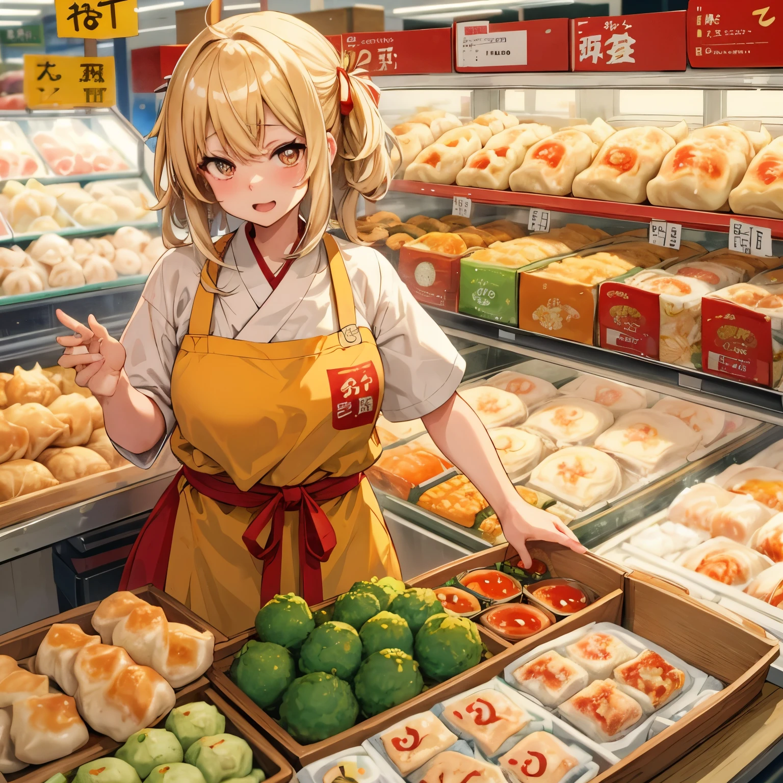 (Best Quality:1.4), anime, 独奏, Girl in supermarket gyoza jiaozi dumplings