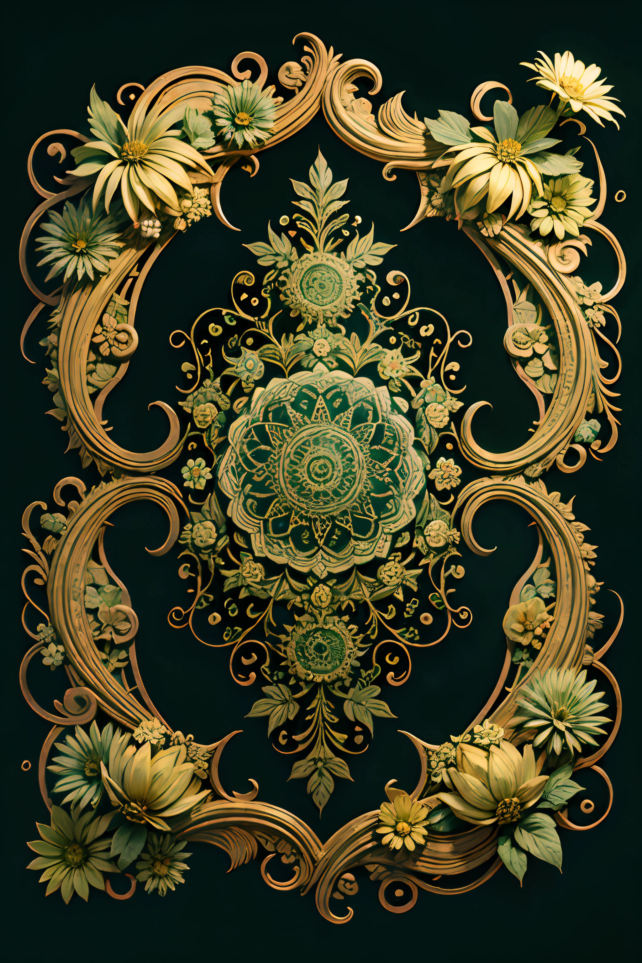 Round ornamental six-pointed mandala made of radiating green vegetation, a plant, Flowers and vines.