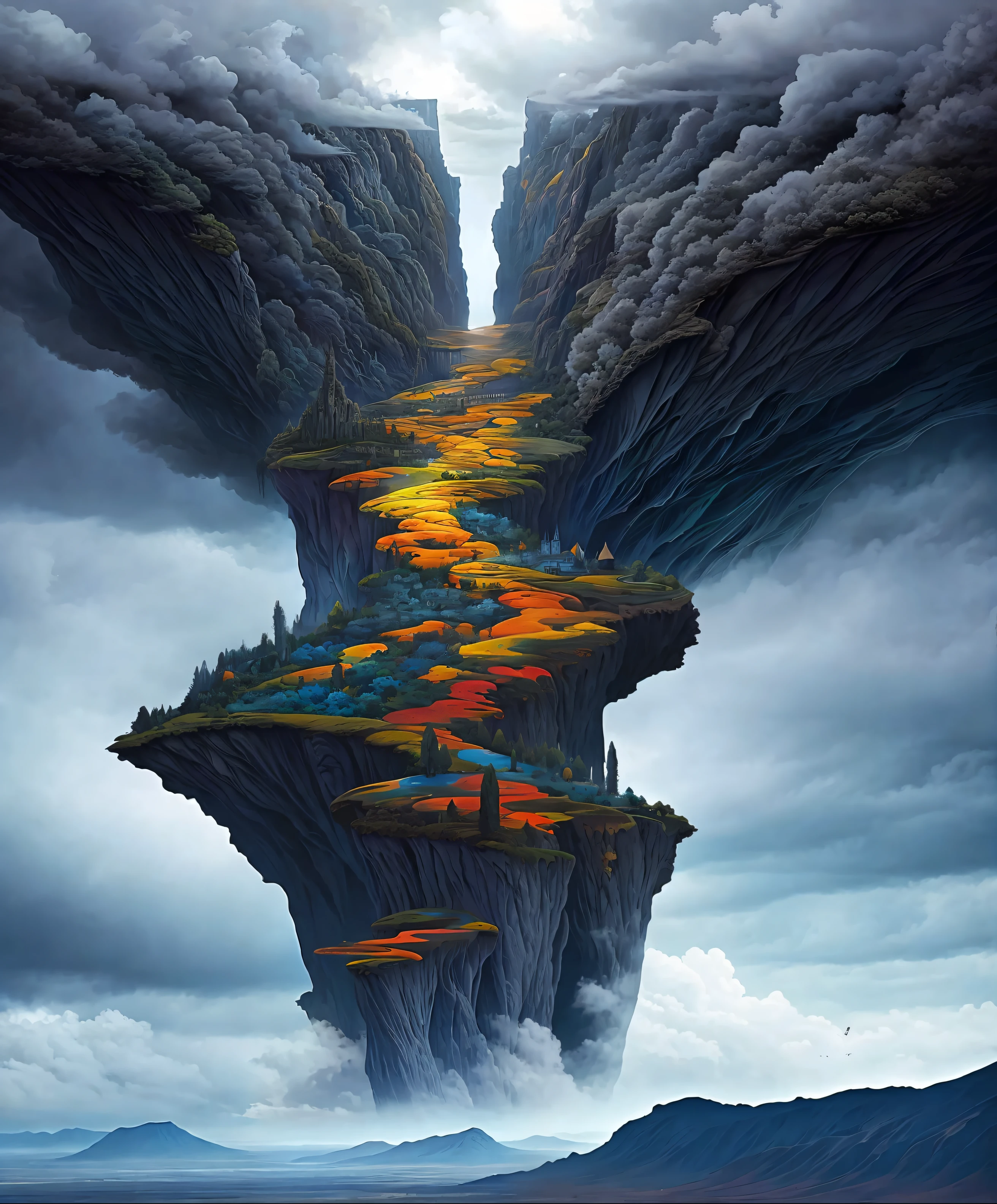 an aerial view of a large wall with bizarre surreal fantasy landscape, 👀 eyes are watching surreal eyes, fairyfloss clouds, melting mountains, mixed colours,in the style of brian m. viveros, video montages, konstantinos parthenis, light indigo and dark gray, tomasz alen kopera, ue5