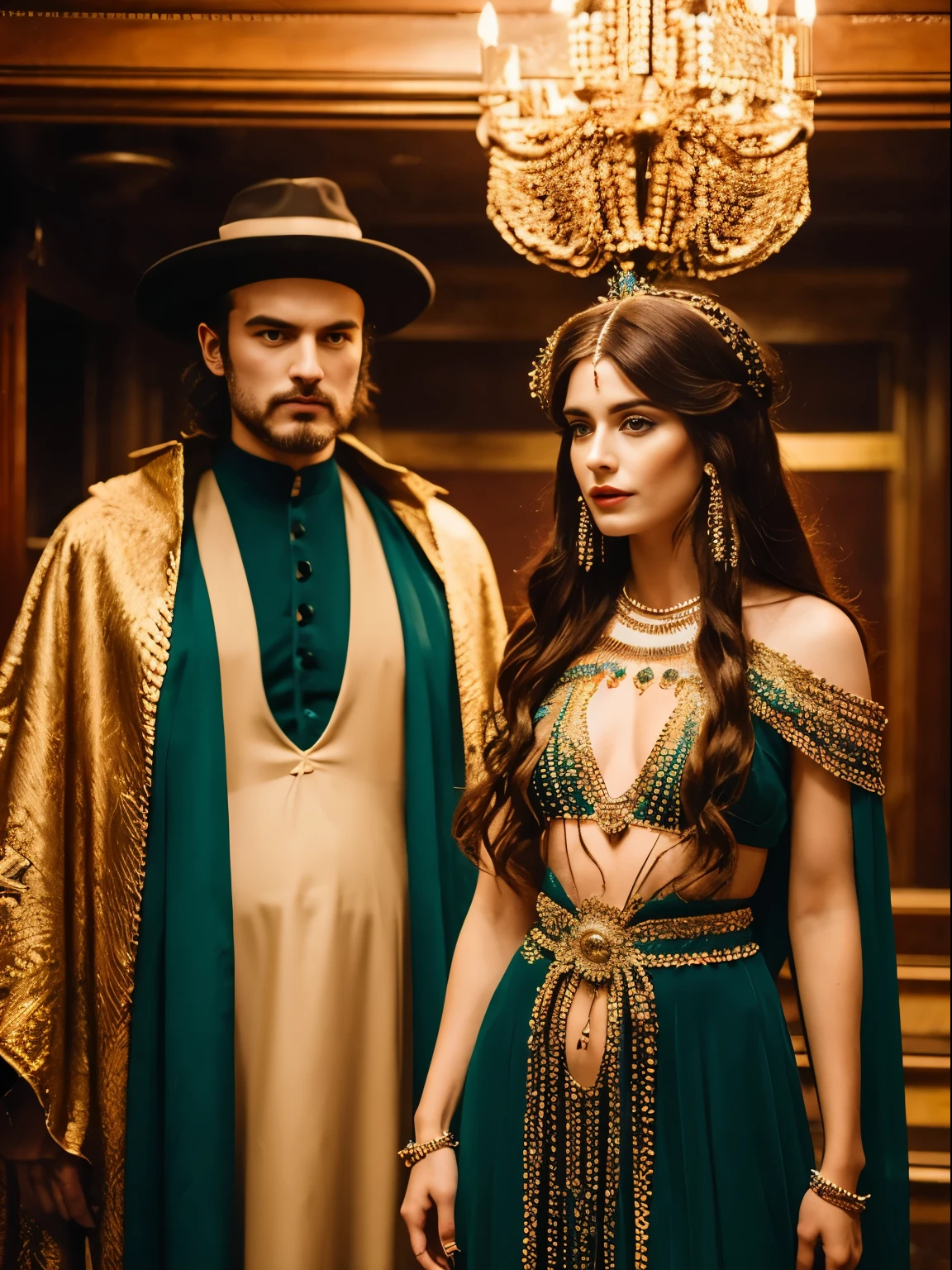Two people in costumes are standing next to each other, Tom Bagshaw and Sabbath Apterus, still from a music video, She is dressed as a belly dancer, Man in the elevator々Group of, 7 0 s visuals, Fantastic Detail Full Face, still frame from a movie, Peasants in the Middle Ages, Behind the Scenes of Fashion Week, by Andrei Kolkoutine, Boho, preraphaelite