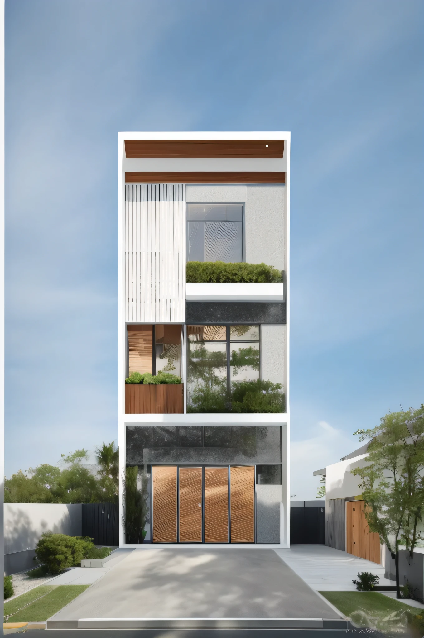 A view of a modern house in the city,The image follows the outline, main material by glossy white wall and black stone and wood, 1 roadruns in front of the house, (RAW photo, real, best quality, masterpiece:1.2), look morden minimalist, 1 road in front of the house, shime ring light, light brightness from indoor:1.2, dynamic lighting:1.3, (hyper realistic, photo-realistic:1.2), high quality, day light, hight contrast :0.5 perfect lighting, arch daily, award winning contemporary, contemporary masterpiece, well-designed masterpiece, large modern residence, townhouse modern, villa moderm, wide angle exterior 2022, mid century modern, contemporary house, hip modern vibe, a long-shot from front, award winning modern design, stunning lines, residential, (((subtle detailing:1.3))), realistic image, wood lover in font, hight quality, super detail, best quality, white wall, glass door, glass window, railing stone, vray, big trees behind