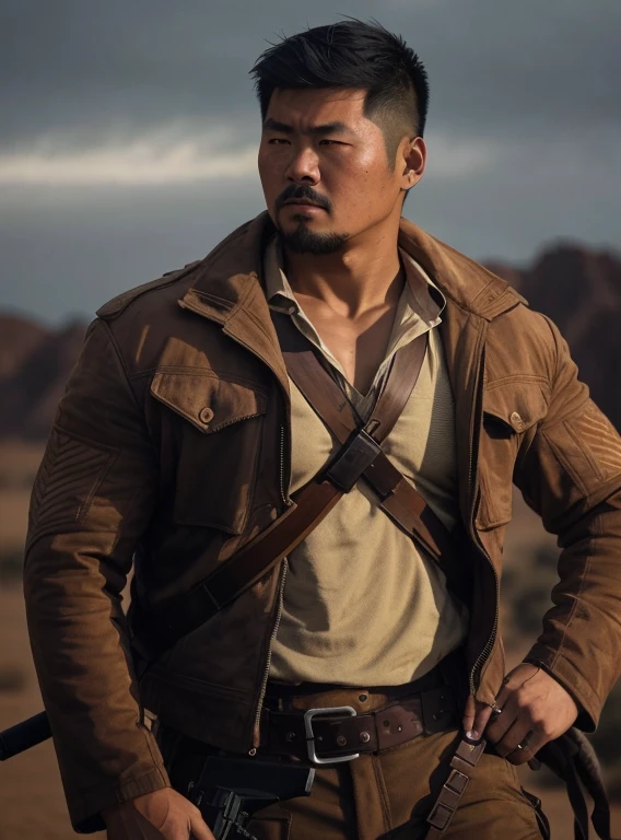 Chinese man in brown jacket holding gun in desert, Looks like Ma Baoguo，Realisticstyle，rugged male ranger, Portrait of a rugged ranger, rugged male ranger, rugged male ranger, Still from live-action movies, Movies are still in 8k, 8K movie stills