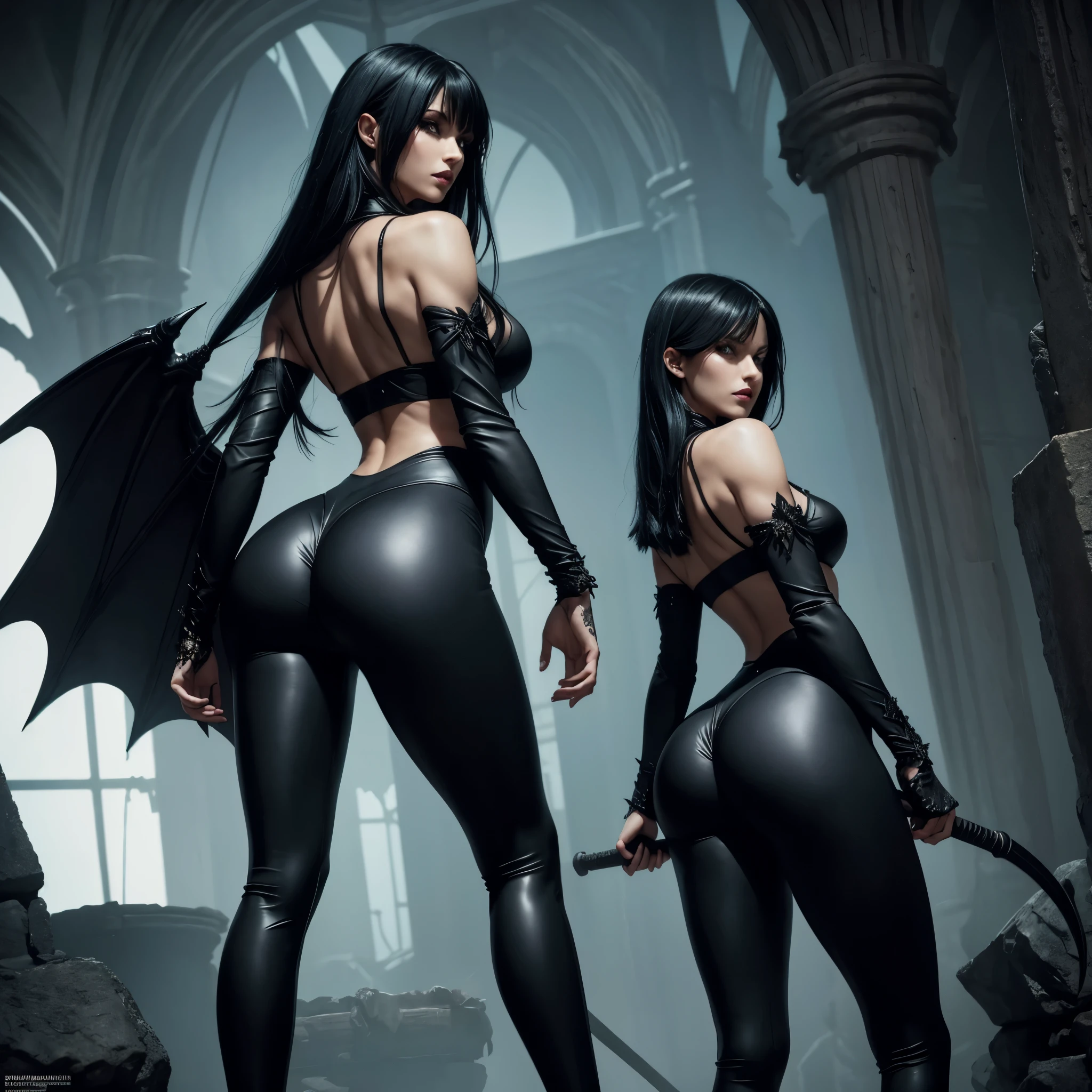 Morrigan aensland a woman with a bat, morrigan aensland, morrigan, dark sorceress full view, raven winged female vampire, ( highly detailed figure ), castlevania witch, supervillain sorceress witch, beautiful succubus, black magician girl, dark sorceress fullbody pose, extremely detailed artgerm, looking at viewer, long black hair, standing, elegant, legs spread, luscious labia lips, ((view from ass)), ((black tight leggings))