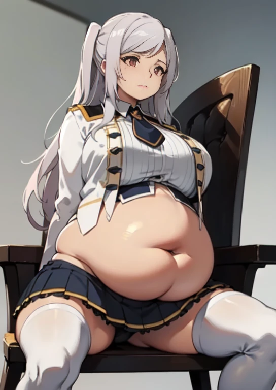 (masterpiece, best quality), 1girls, big belly, blurry background, huge belly, art by kipteitei, round belly, chubby, curvy, white button-up shirt, skirt, thighhighs, simple_background, gradient_background, belly bursting out of shirt, belly grab, enormous belly, fat belly, thicc, bigger belly, sitting on chair, really big belly, jiggly belly, shirt covering belly, belly cover by shirt