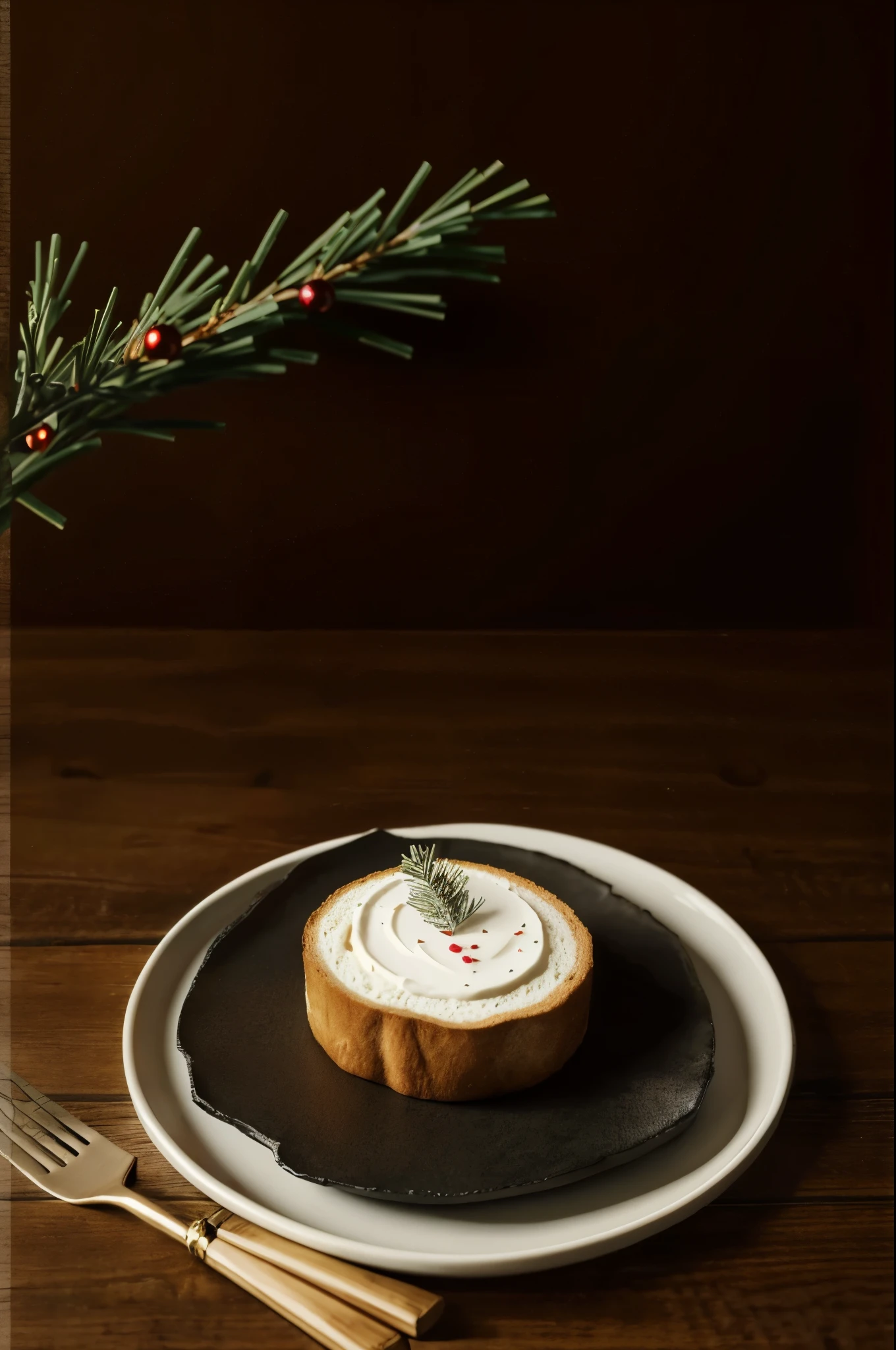 （bread on bamboo plate,Table covered with cloth under plates：1.5），（(There is a newspaper under the plate：1），（There are knives and forks on the table：1），（There is a Christmas tree in the back：1.5），（ against a warm background：1），（Advancedsense，，Christmas atmosphere，tmasterpiece）