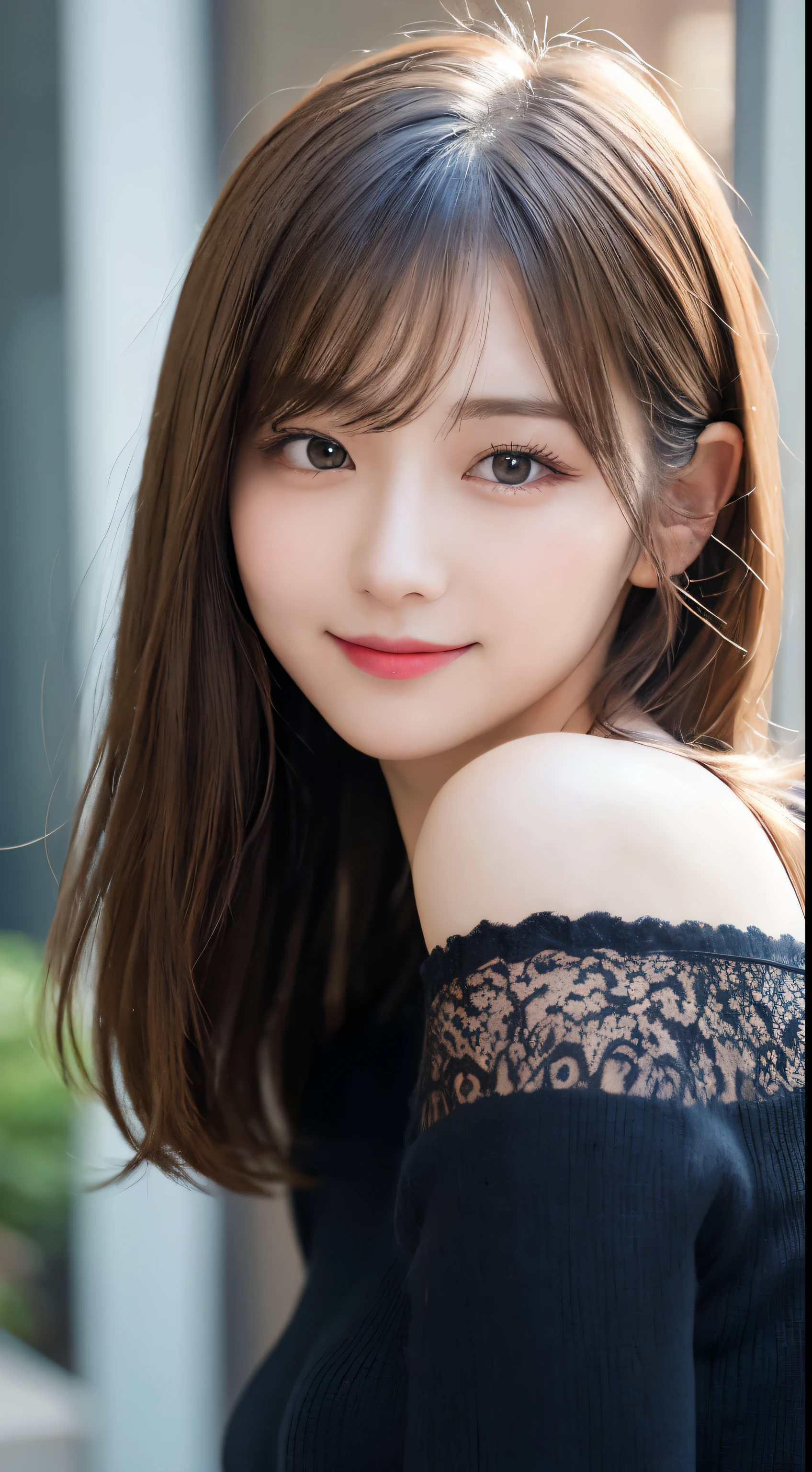 masutepiece, Best Quality, Illustration, Ultra-detailed, finely detail, hight resolution, 8K Wallpaper, Perfect dynamic composition, Beautiful detailed eyes, Elegant winter clothes,Medium Hair,Small breasts natural color lip, Bold sexy poses,Smile、20 years girl、Cute、Sexy shot looking at camera,natta,beautifull detailed face,Classy face,Perfect and beautiful face,Slim face and body,Spread your arms wide、Background blur