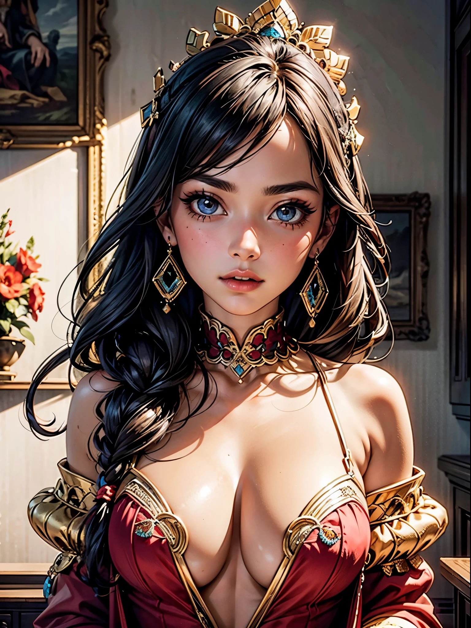 a female character in a South African beadwork art style, featuring intricate bead patterns and cultural richness, best quality, masterpiece, intricate detail , high environment detail, scatter density, high shadow detail