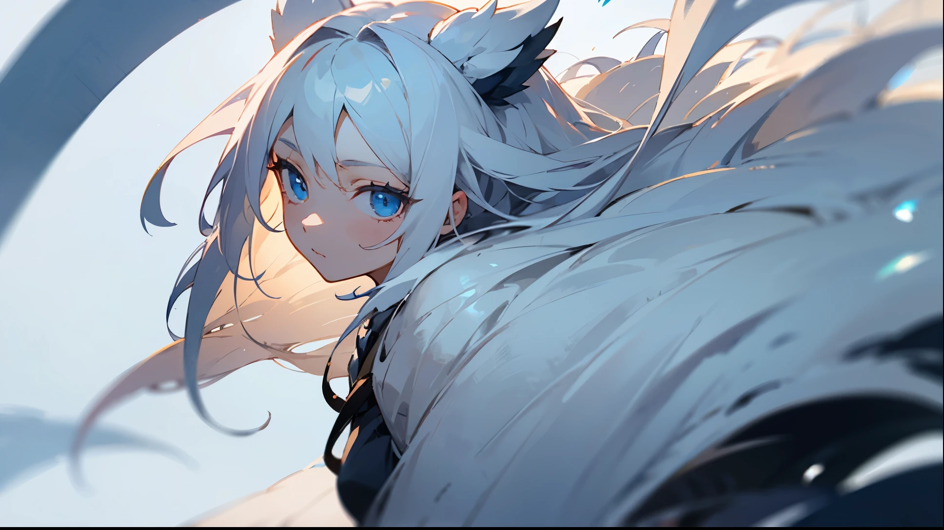facing forward and relaxing、white haired beast、girl with blue eyes。The wind is blowing
