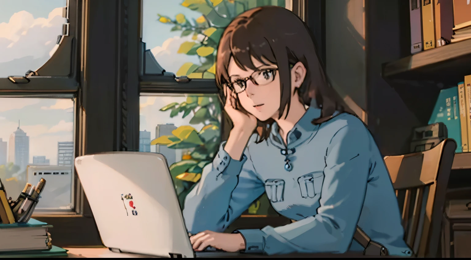 A woman in her 20s wearing glasses is sitting at a desk in an old-fashioned study., thinking while looking at laptop, slightly larger laptop