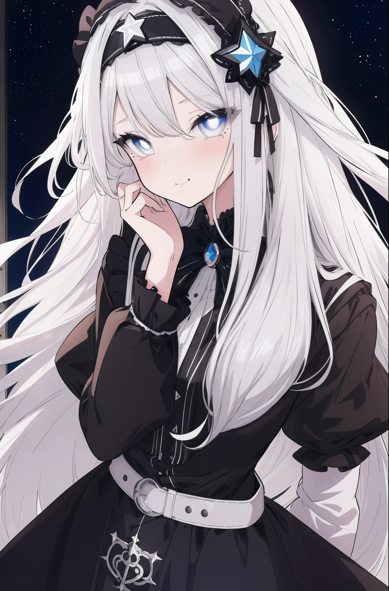 1girl, gentle smile, Long silver-white hair with a hint of blue, Starry eyes, hair strand, goggles, lolita hairband, mole under eye, star-shaped pupils, amber eyes, blush, high detail, anime, Romanticism, modern, Gothic art, anime style, cinematic lighting, high details, best quality