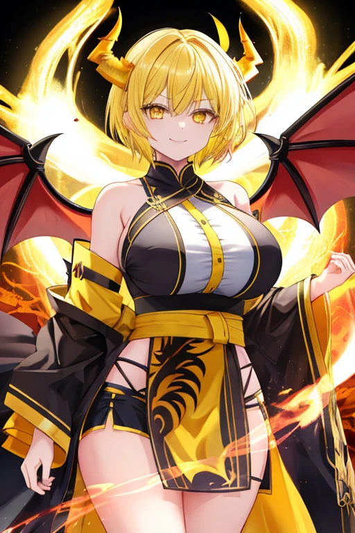 1girl, yellow eyes, yellow hair, evil smile, yellow dragon horns, huge yellow dragon wings, yellow electricity, chiton greek clothing, short hair, fang, large breasts,
