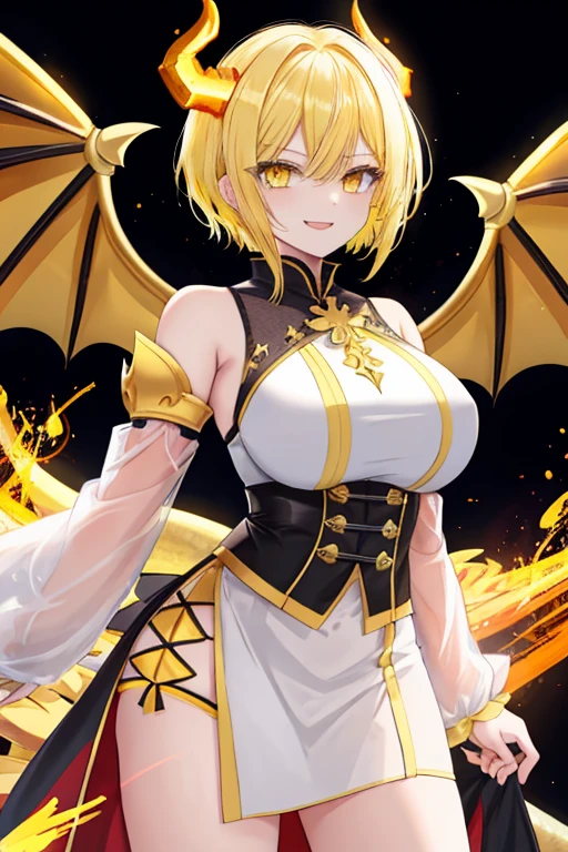 1girl, yellow eyes, yellow hair, evil smile, yellow dragon horns, huge yellow dragon wings, yellow electricity, chiton greek clothing, short hair, fang, large breasts,