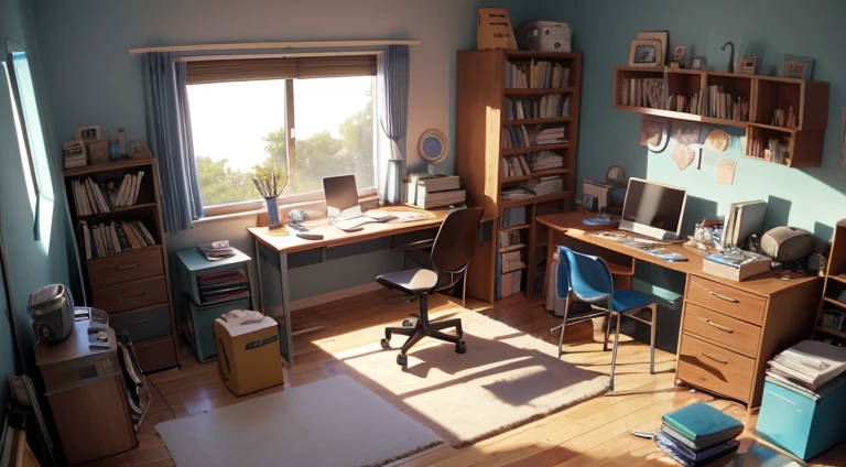 a messy room of a  boy with some books on the floor in the image you can see a desk facing the window, vemos uma xicara de cafe um computador sobre a mesa e um toca disco, o dia esta chovoso