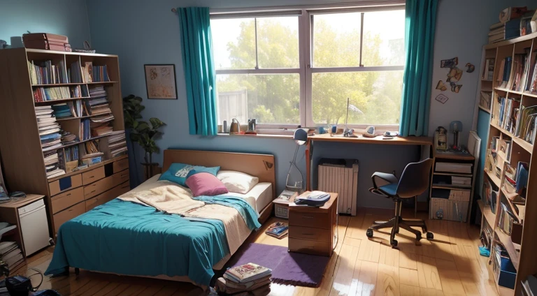 a messy room of a  boy with some books on the floor in the image you can see a desk facing the window, vemos uma xicara de cafe um computador sobre a mesa e um toca disco, o dia esta chovoso