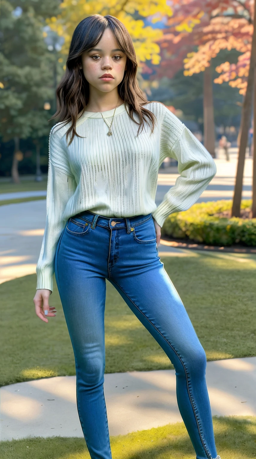 Masterpiece, stunning realistic, photorealistic, best quality, 16k,jenna ortega,sexy body,knitted sweater,skinny jeans,standing in a park