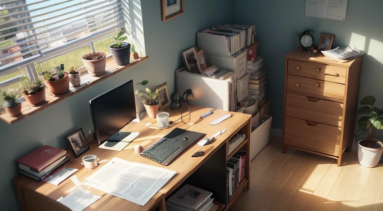 The ultimate procrastination scene: a messy room, with an overloaded bed and a spilled coffee cup on the floor. A computer screen with unfinished work on it, and an unopened book resting beside it. The window covered by blinds to shut out the sunlight, except for a small spot where dust particles are floating in the air. An open pack of snacks sitting on the desk, surrounded by empty coffee cups and crumpled paper.