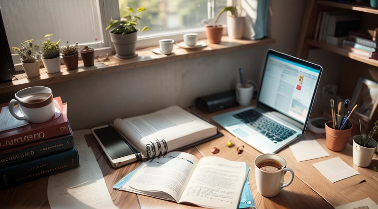 The ultimate procrastination scene: a messy room, with an overloaded bed and a spilled coffee cup on the floor. A computer screen with unfinished work on it, and an unopened book resting beside it. The window covered by blinds to shut out the sunlight, except for a small spot where dust particles are floating in the air. An open pack of snacks sitting on the desk, surrounded by empty coffee cups and crumpled paper.