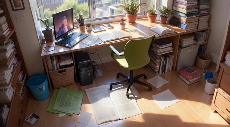 The ultimate procrastination scene: a messy room, with an overloaded bed and a spilled coffee cup on the floor. A computer screen with unfinished work on it, and an unopened book resting beside it. The window covered by blinds to shut out the sunlight, except for a small spot where dust particles are floating in the air. An open pack of snacks sitting on the desk, surrounded by empty coffee cups and crumpled paper.