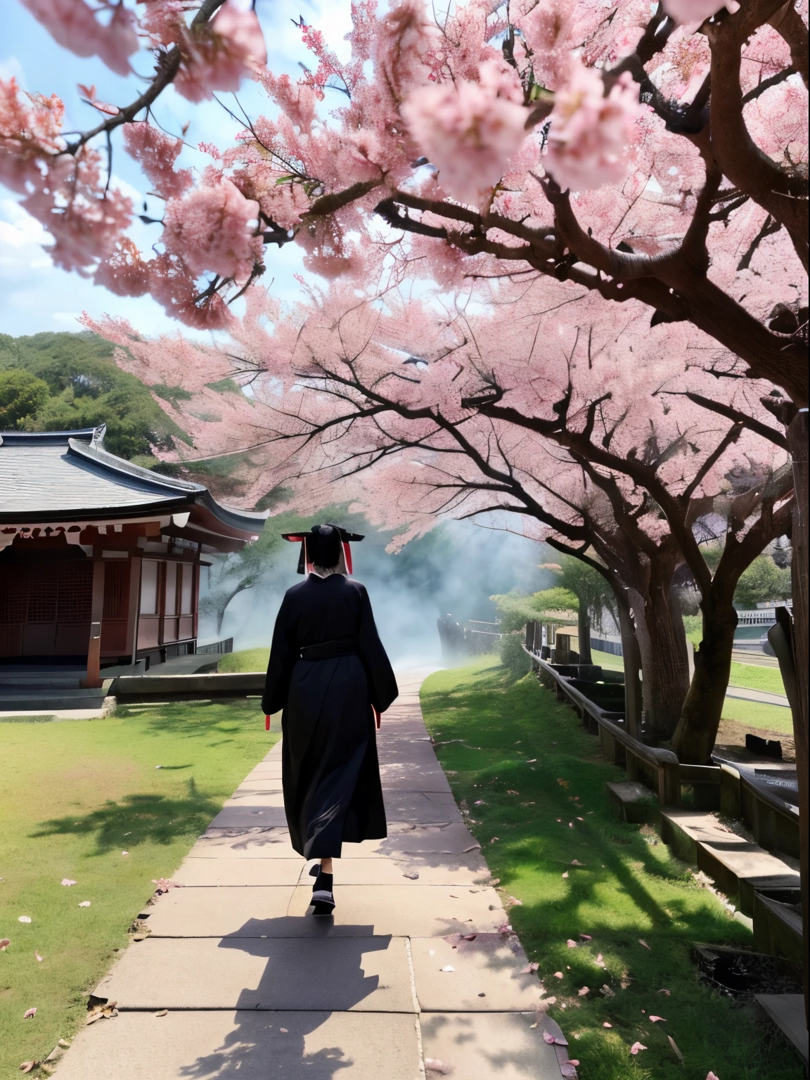 (Best Quality, masutepiece),(1girl in, shrine maiden, coat, Facial expression face, Black eyes, view front ,Black hair, Walking, Upper body), (Stray Sky at night, Huge old tree behind, Pink petals that shine on the back fall, Shrine behind, mountain background, Blowing wind, Meteor clouds)