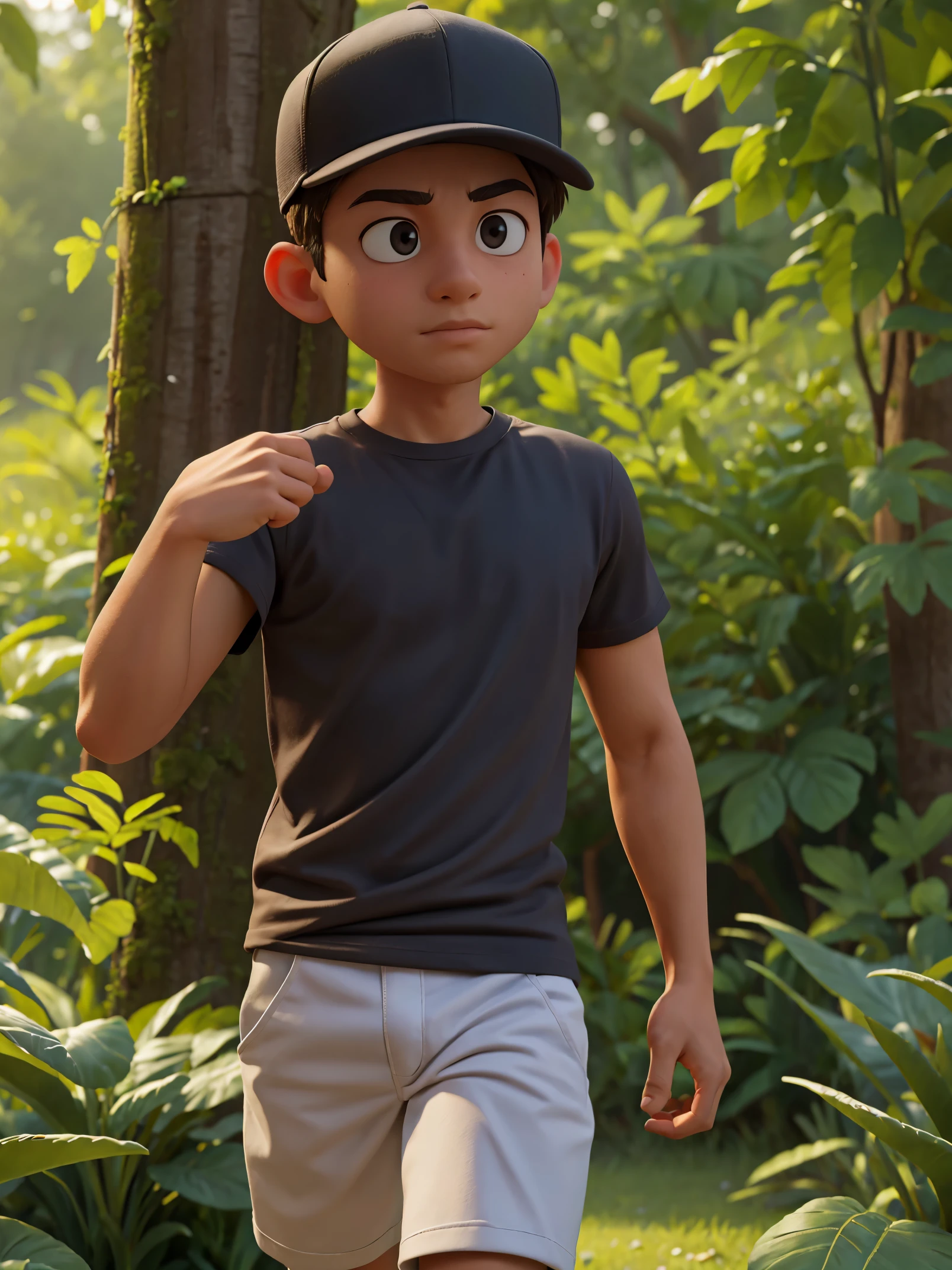 Masterpiece, best quality, official art,extremely detailed CG unity 8k wallpaper, 1 guy, 25 yo guy, he wearing a gray T-shirt, Black baseball cap, Brown skin, Wearing a black watch, Face turned upwards, Thin face, thin body, Hand holding chin, black eye color, no hair, close up to face, The setting is in the forest.