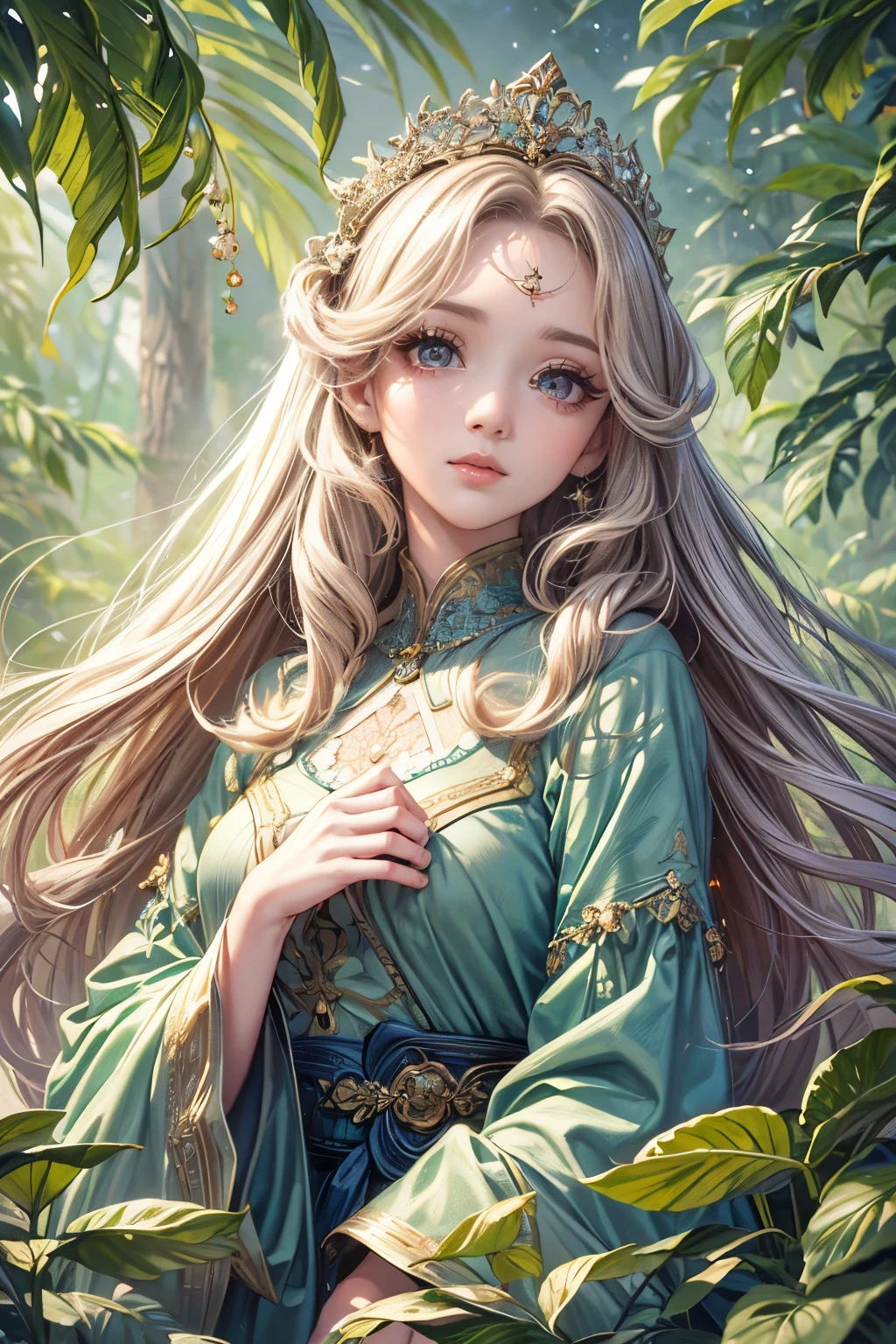 (best quality,8K,CG),detailed upper body,solitary girl,floral forest background,complex facial features,elegant long curly hair,almond-shaped big eyes,detailed eye makeup,long eyelashes,twinkling stars,exquisite lip details,soft and harmonious style.