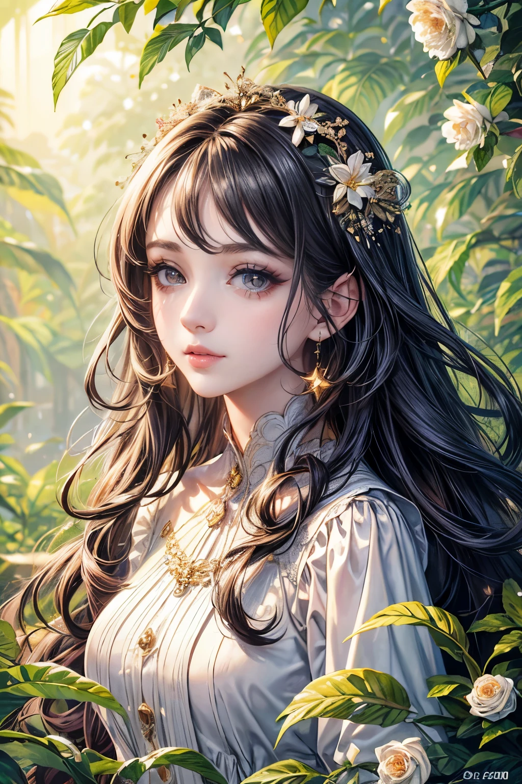 (best quality,8K,CG),detailed upper body,solitary girl,floral forest background,complex facial features,elegant long curly hair,almond-shaped big eyes,detailed eye makeup,long eyelashes,twinkling stars,exquisite lip details,soft and harmonious style.