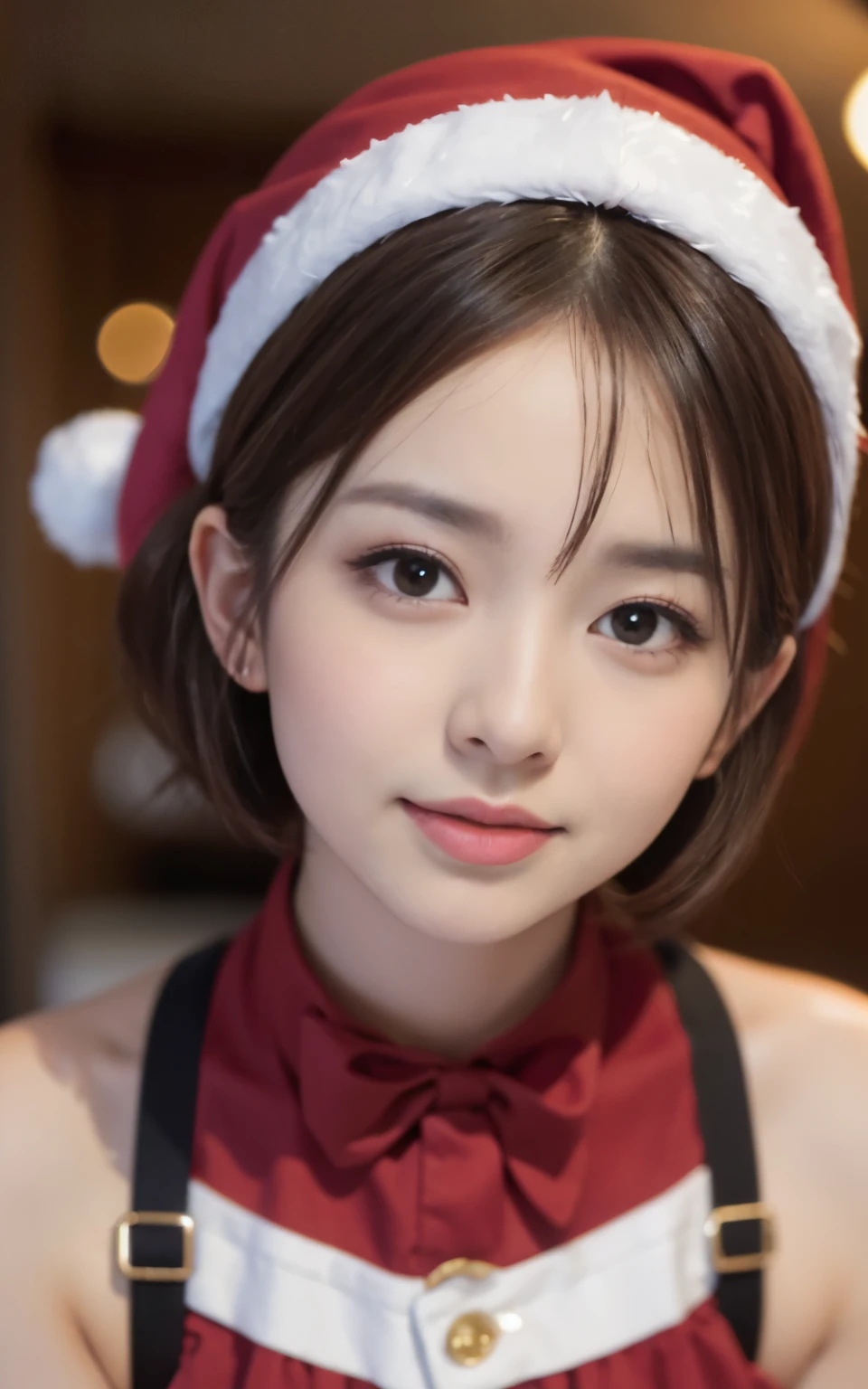 Cute 21 years old Japan、Christmas、A smile、Super Detail Face、Eye of Detail、二重まぶた、beautiful thin nose、foco nítido:1.2、prety woman:1.4、(light brown hair,short cut hair, top-quality、发光、masterpiece、超A high resolution、(Photorealsitic:1.4)、Red Santa Claus clothes、Santa Claus Cosplay、